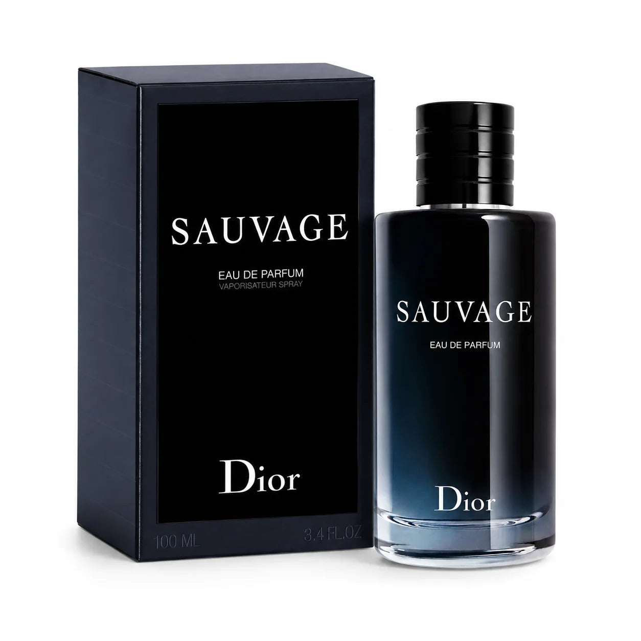 Dior Sauvage Eau de Parfum 100 ml bottle with matching retail box on white background