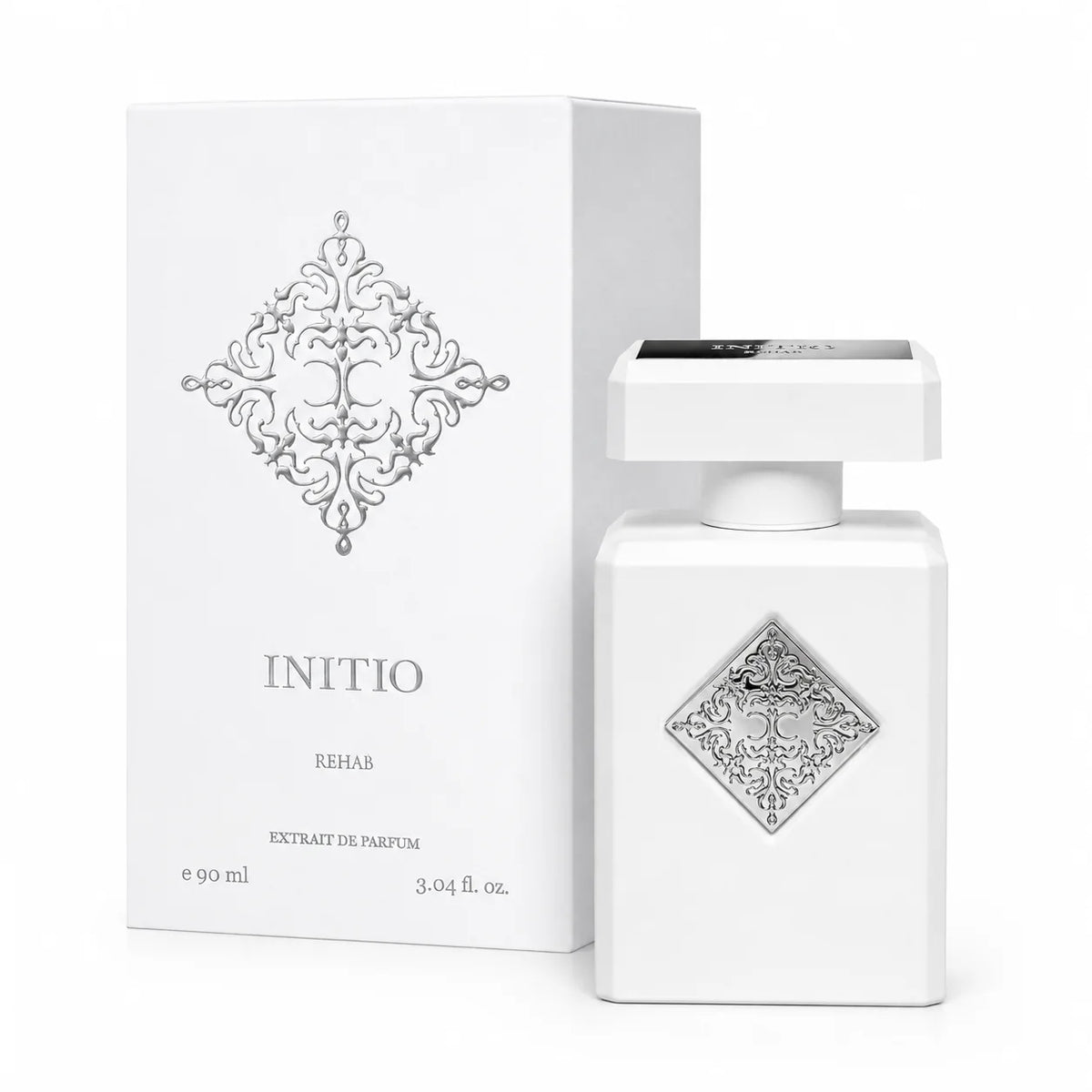 Initio Rehab Extrait de Parfum 90 ml bottle with matching retail box on white background