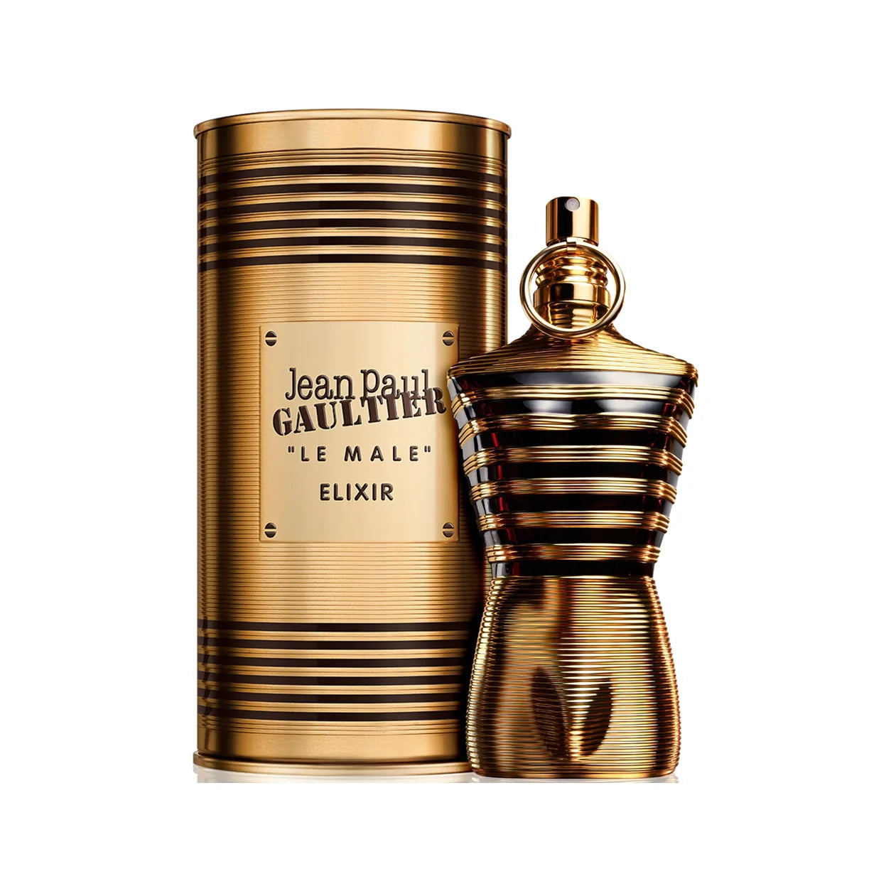 Jean Paul Gaultier Le Male Elixir Parfum 125 ml bottle with matching gold metal tin