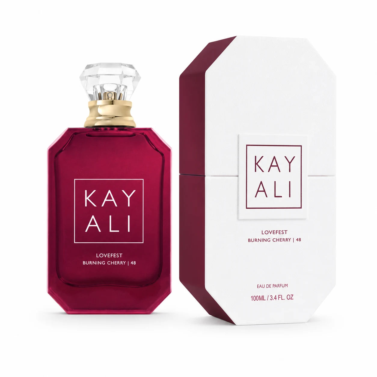 KAYALI Lovefest Burning Cherry | 48 100 ml bottle with matching box on white background