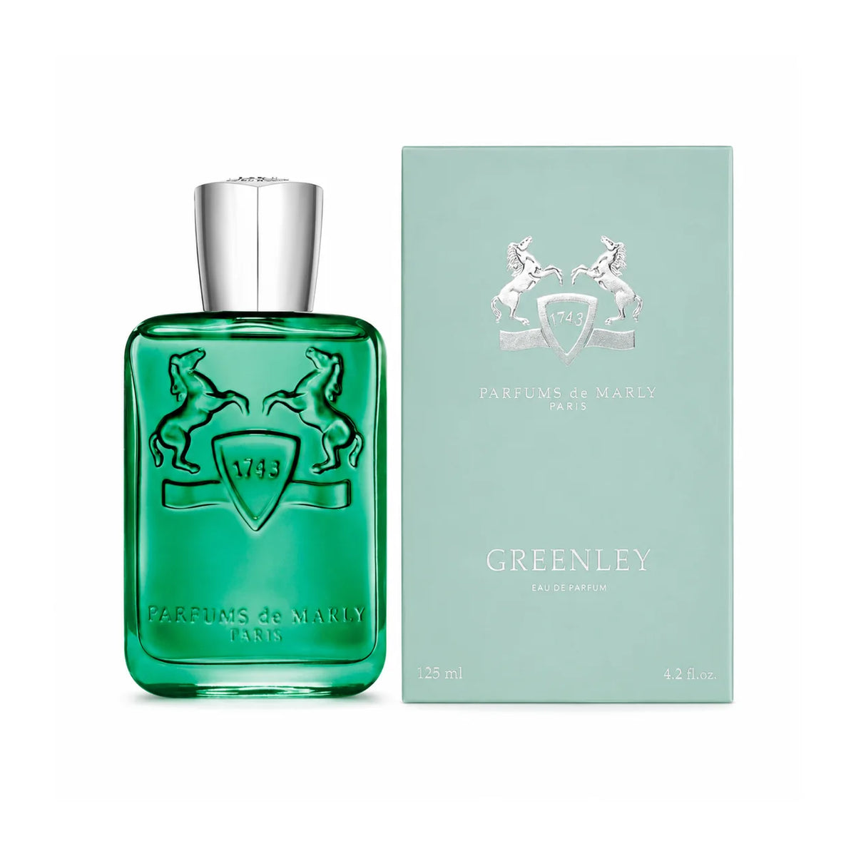 Parfums de Marly Greenley Eau de Parfum 125 ml bottle and matching box on white background