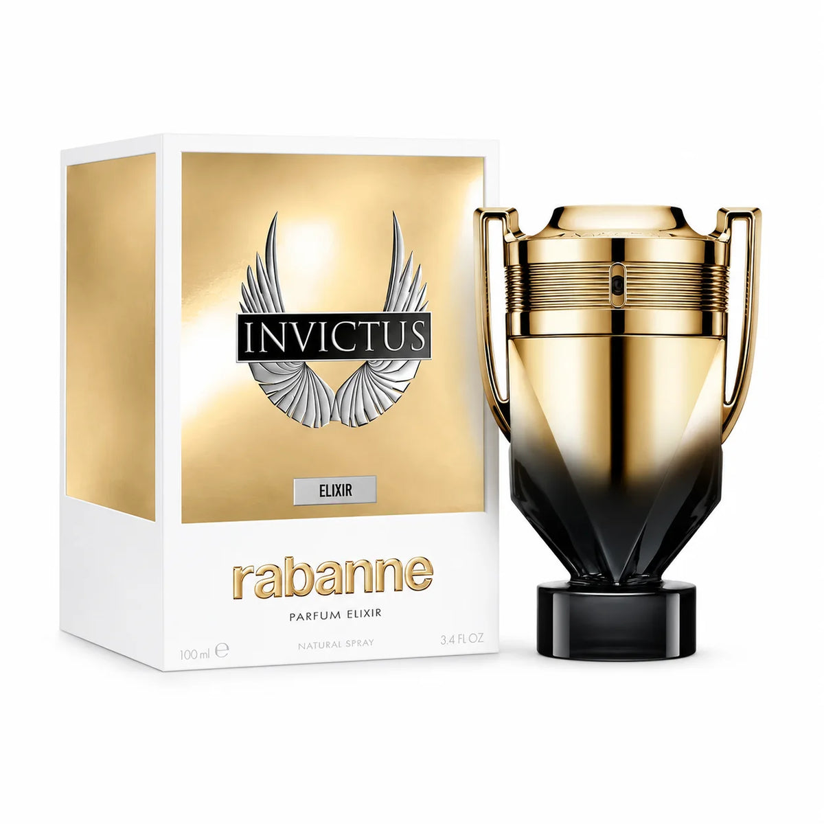 Rabanne Invictus Elixir Parfum Elixir 100 ml bottle with matching retail box on white background