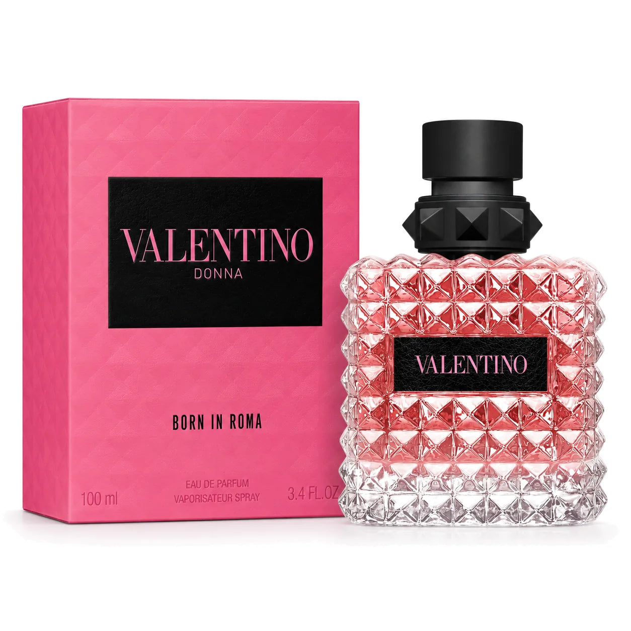 Valentino Donna Born in Roma Eau de Parfum 100 ml bottle and matching box on white background