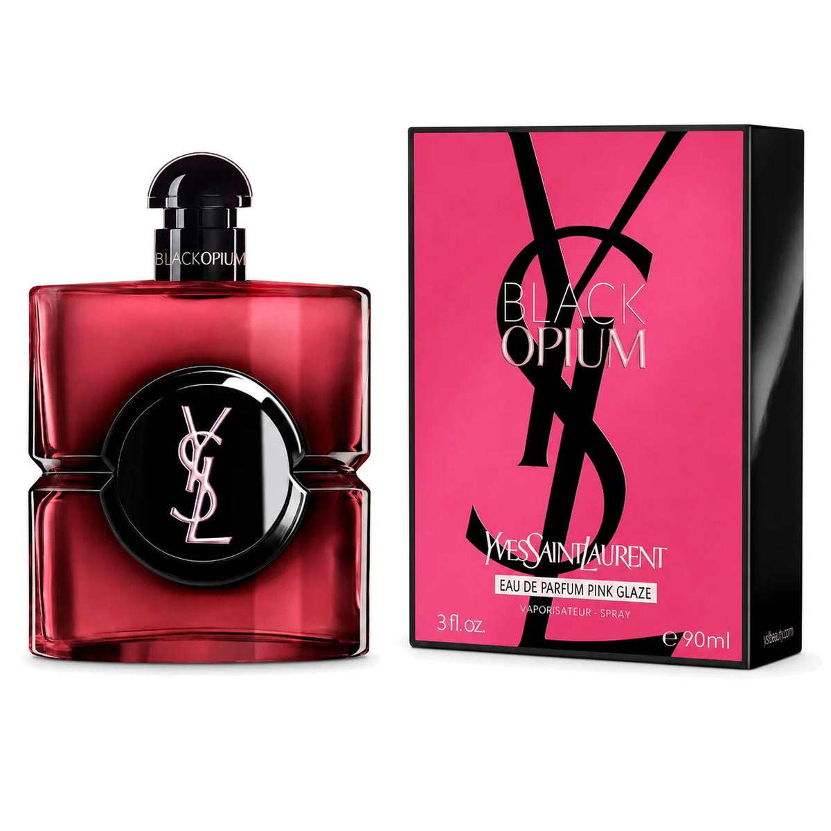 Yves Saint Laurent Black Opium Pink Glaze Eau de Parfum 90 ml bottle and matching box on white background