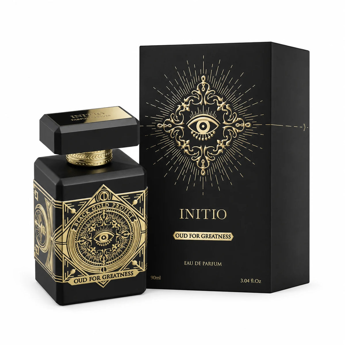 Initio Oud for Greatness Eau de Parfum 90 ml bottle with matching retail box on white background