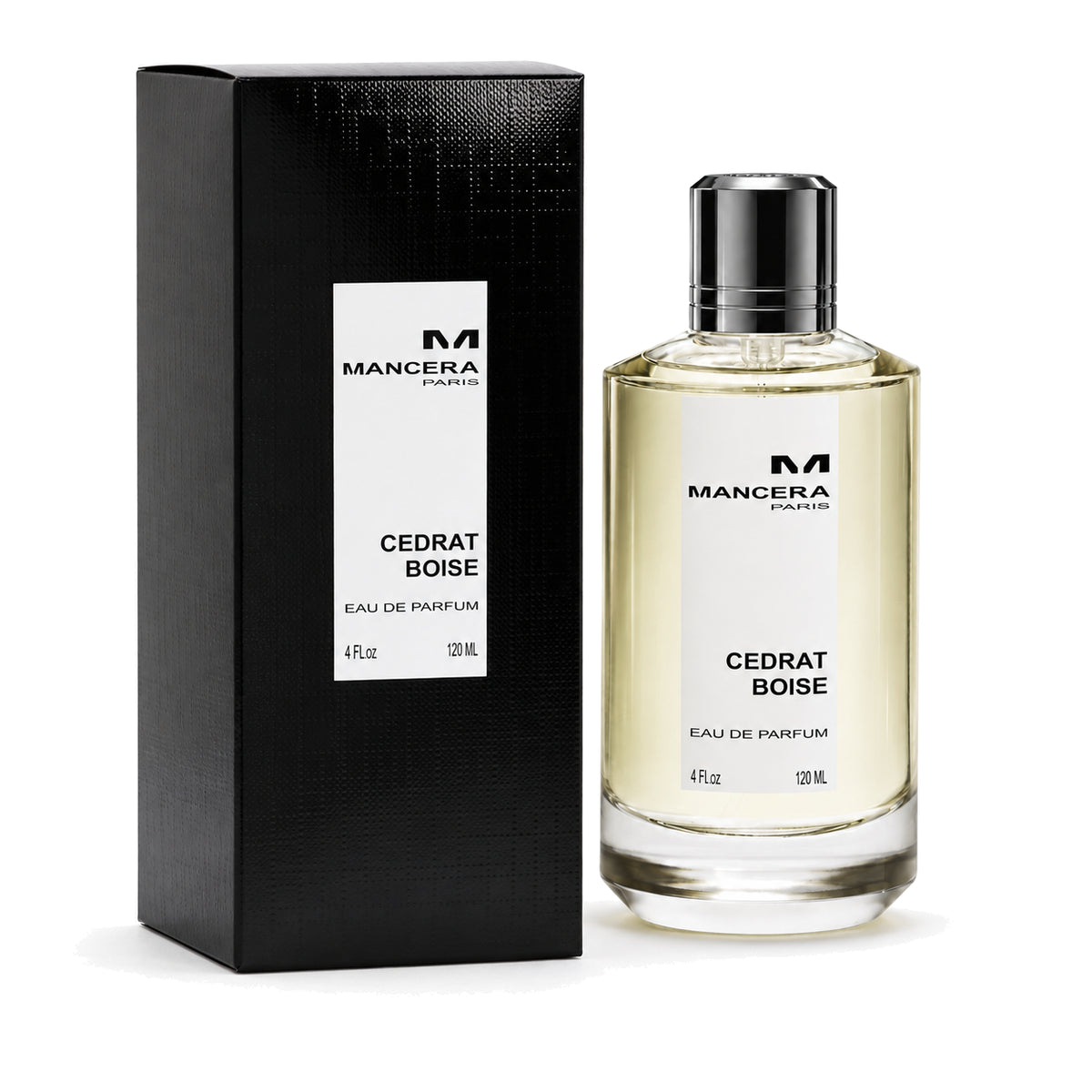 Mancera Cedrat Boise Eau de Parfum 120 ml bottle and matching black box on white background