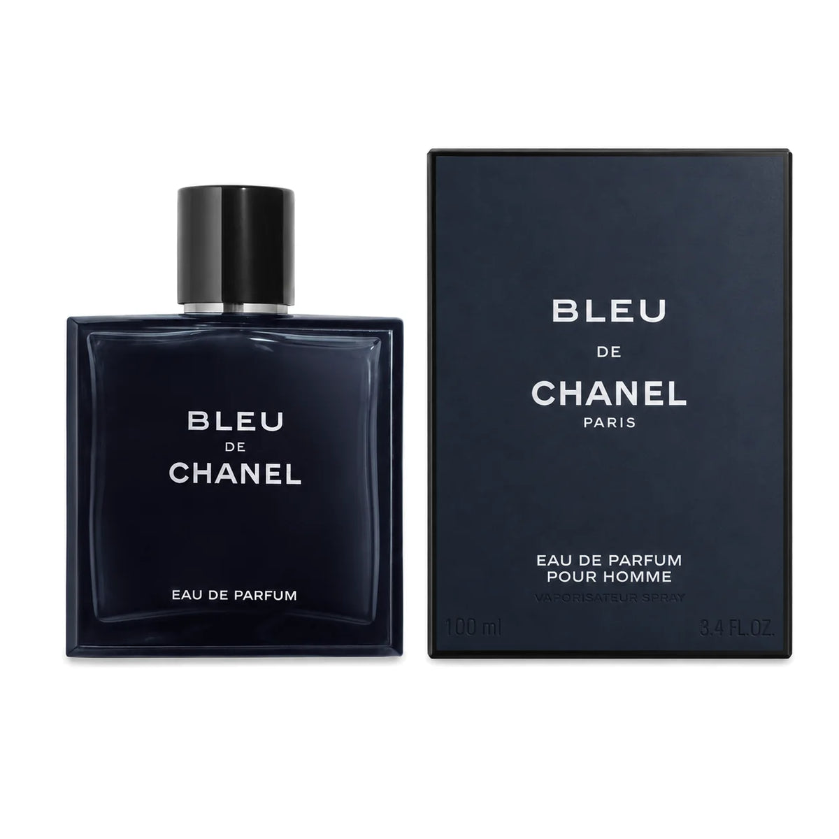 Bleu de Chanel Eau de Parfum 100 ml bottle and matching box on white background
