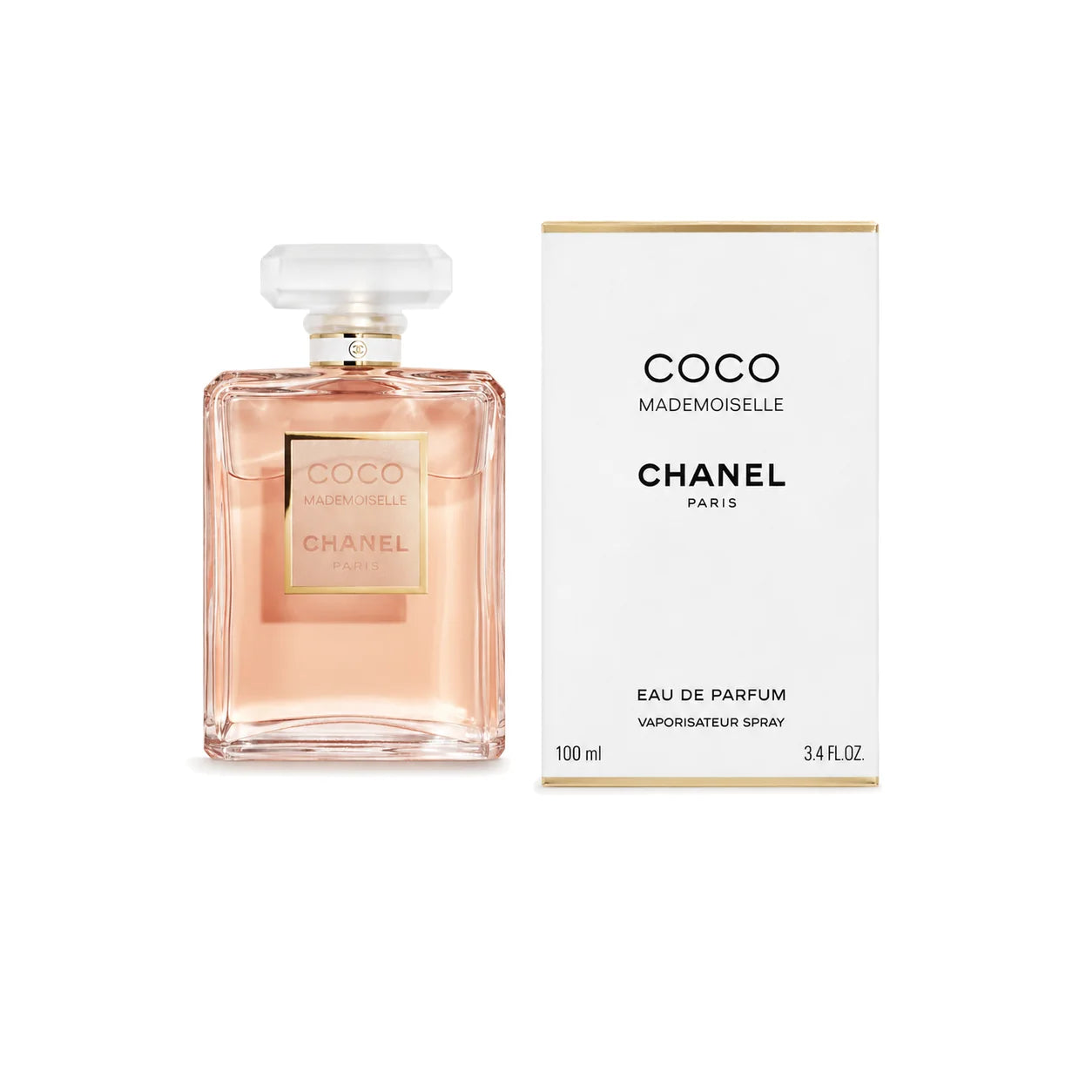 Chanel Coco Mademoiselle Eau de Parfum 100 ml bottle and matching box on white background
