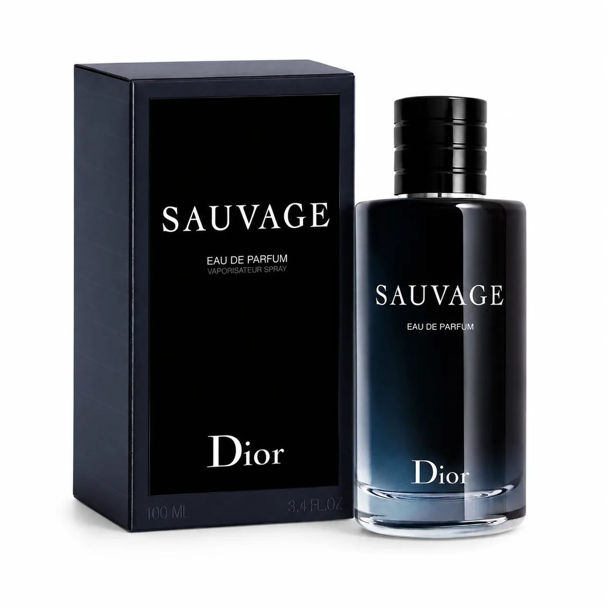 Dior Sauvage Eau de Parfum 100 ml bottle with matching retail box on white background