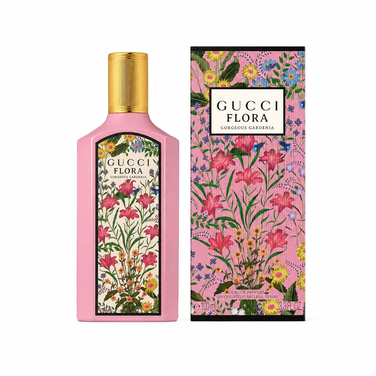 Gucci Flora Gorgeous Gardenia Eau de Parfum 100 ml bottle and box on white background