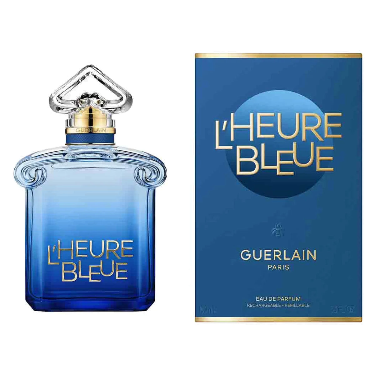 Guerlain L’Heure Bleue Eau de Parfum 100 ml bottle and matching box on white background