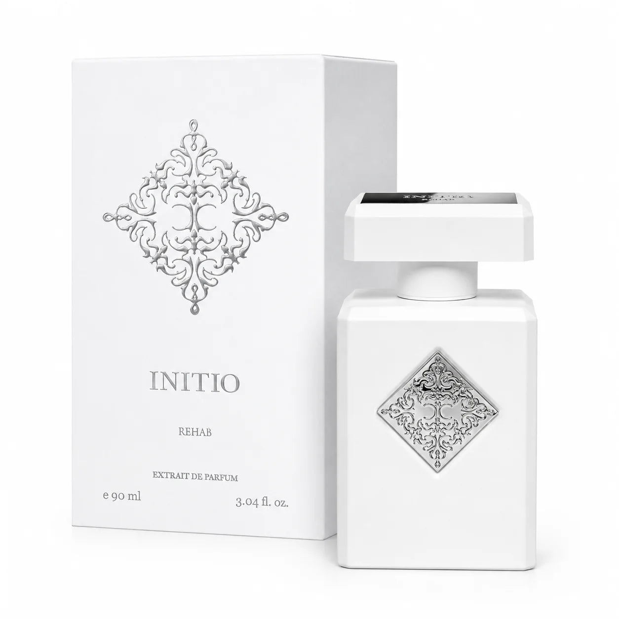 Initio Rehab Extrait de Parfum 90 ml bottle with matching retail box on white background
