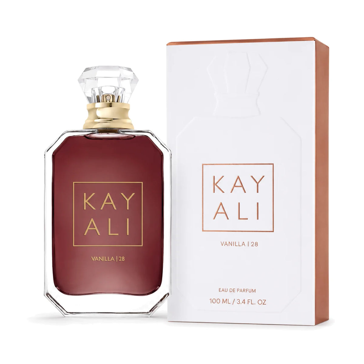 KAYALI Vanilla | 28 Eau de Parfum 100 ml bottle and matching box on white background