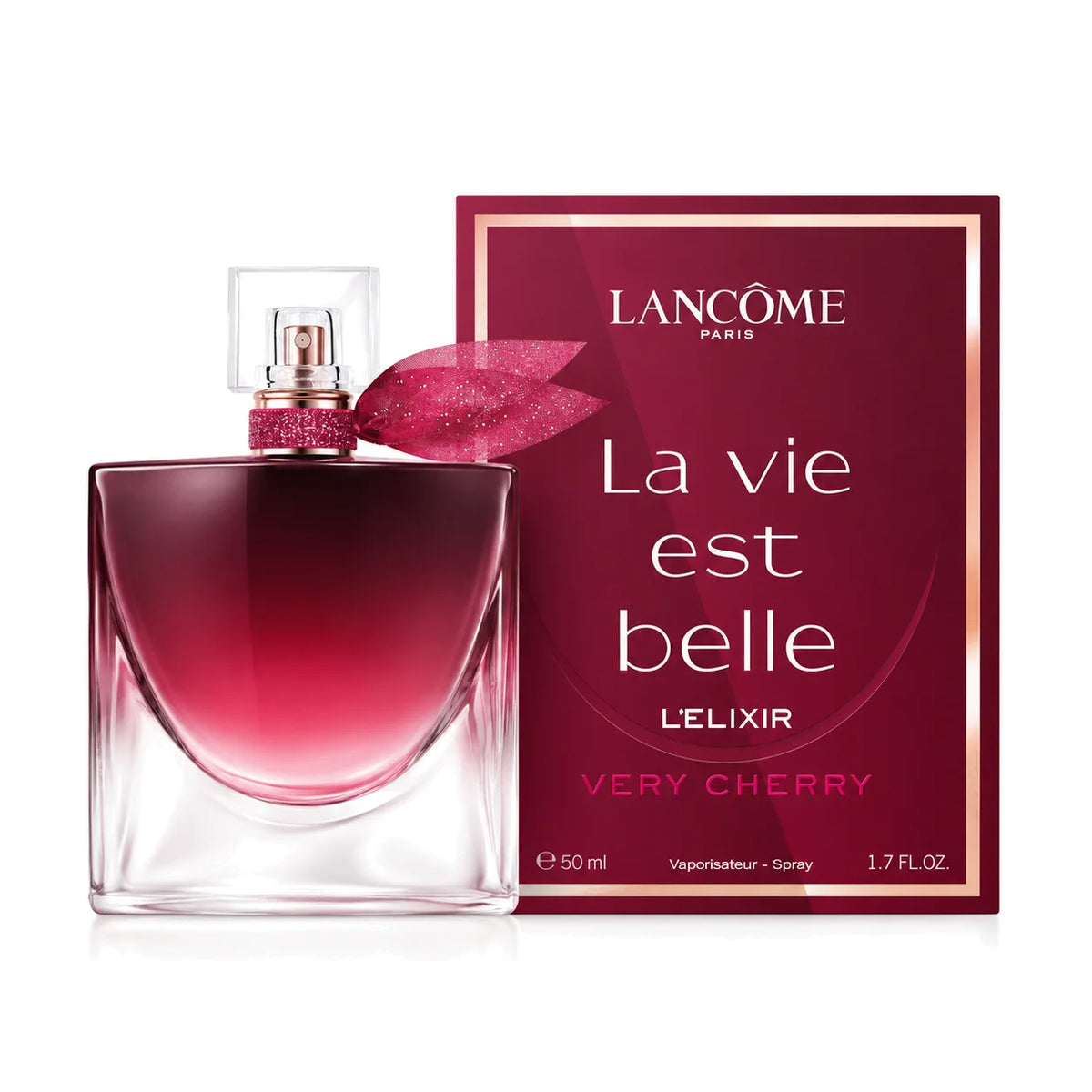 Lancôme La Vie Est Belle L’Elixir Very Cherry Eau de Parfum Intense 50 ml bottle and matching box on white background