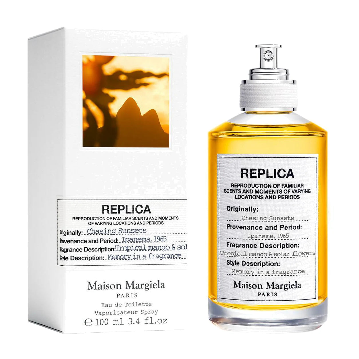 Maison Margiela REPLICA Chasing Sunsets Eau de Toilette 100 ml bottle with matching box on white background
