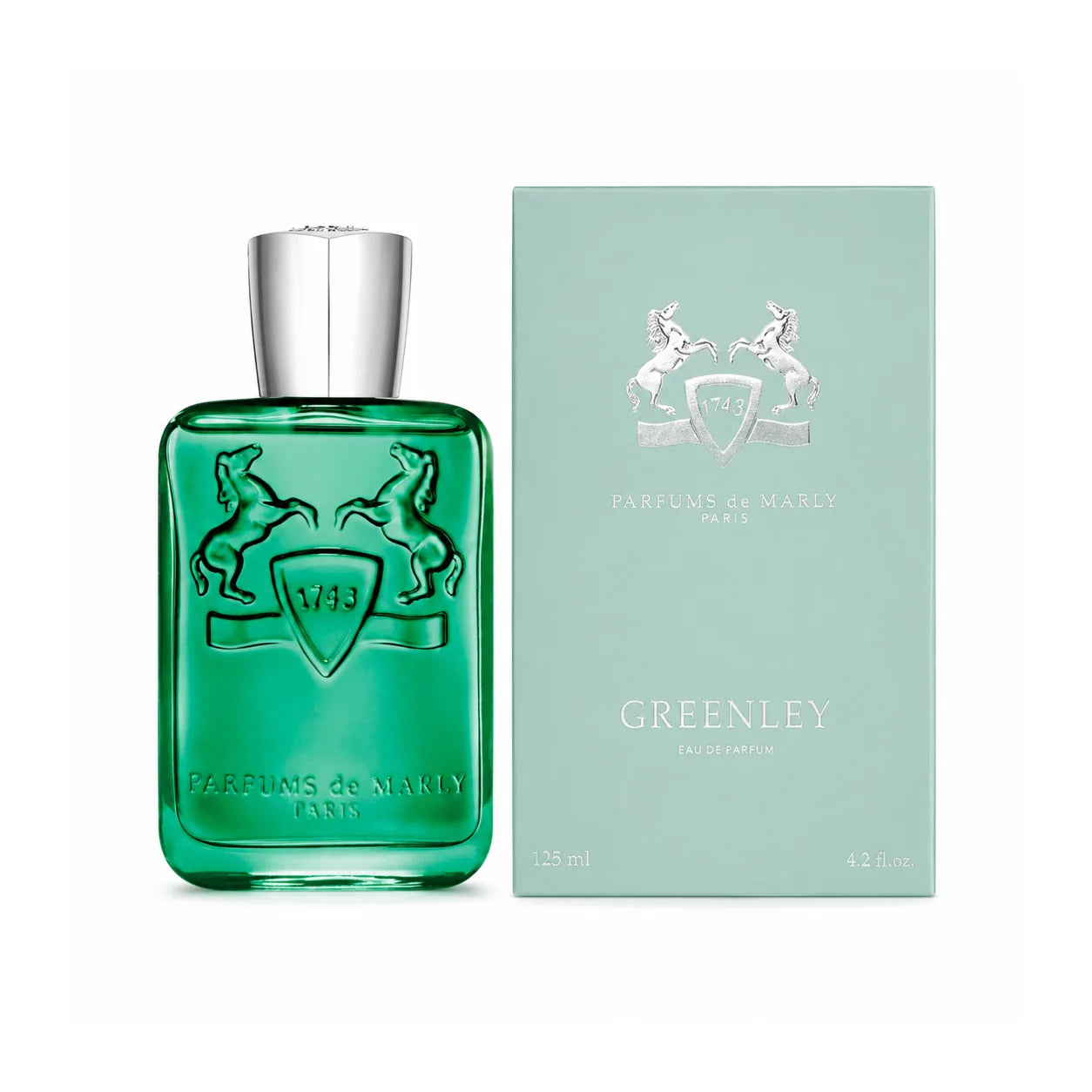 Parfums de Marly Greenley Eau de Parfum 125 ml bottle and matching box on white background