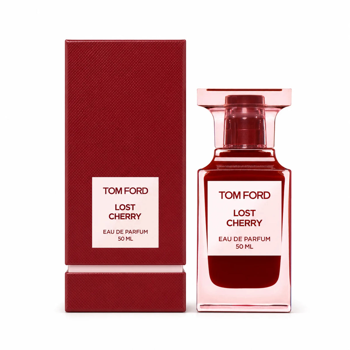 Tom Ford Lost Cherry Eau de Parfum 50 ml bottle with matching box on white background