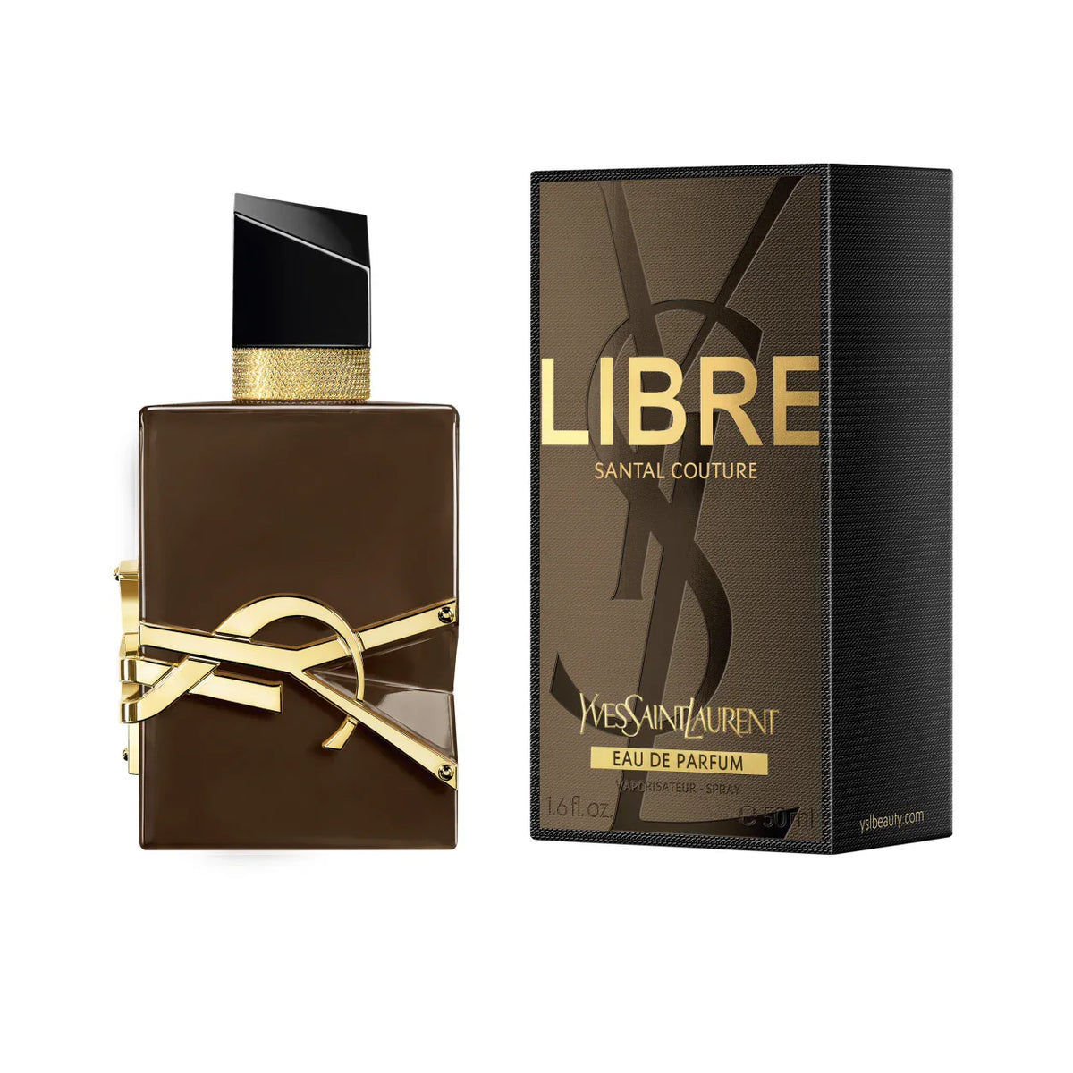 Yves Saint Laurent Libre Santal Couture Eau de Parfum 50 ml bottle with matching box on white background