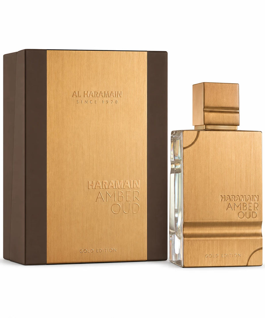 Al Haramain Amber Oud Gold Edition Eau de Parfum 60 ml bottle with matching retail box on white background