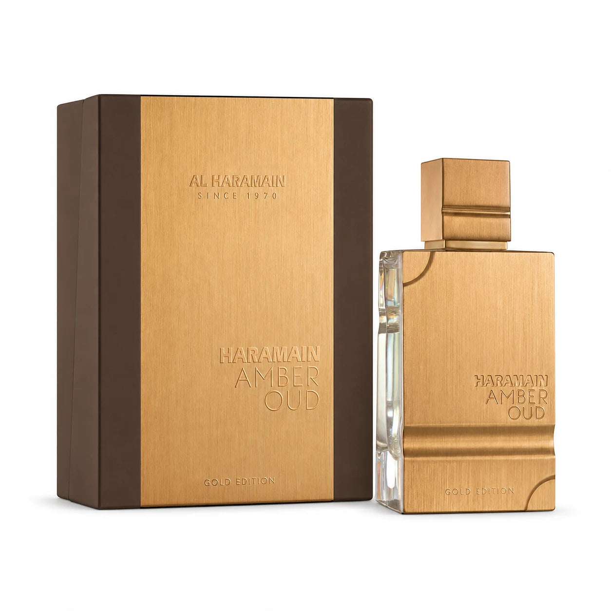 Al Haramain Amber Oud Gold Edition Eau de Parfum 60 ml bottle with matching retail box on white background