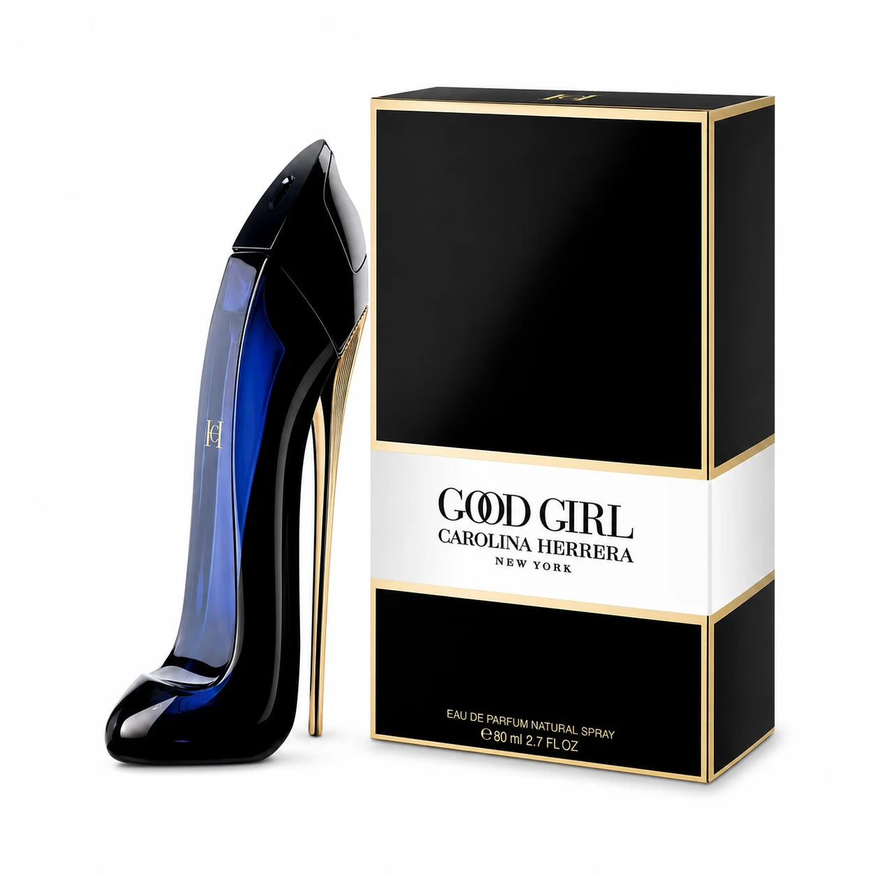 Carolina Herrera Good Girl Eau de Parfum 80 ml stiletto bottle with matching retail box on white background
