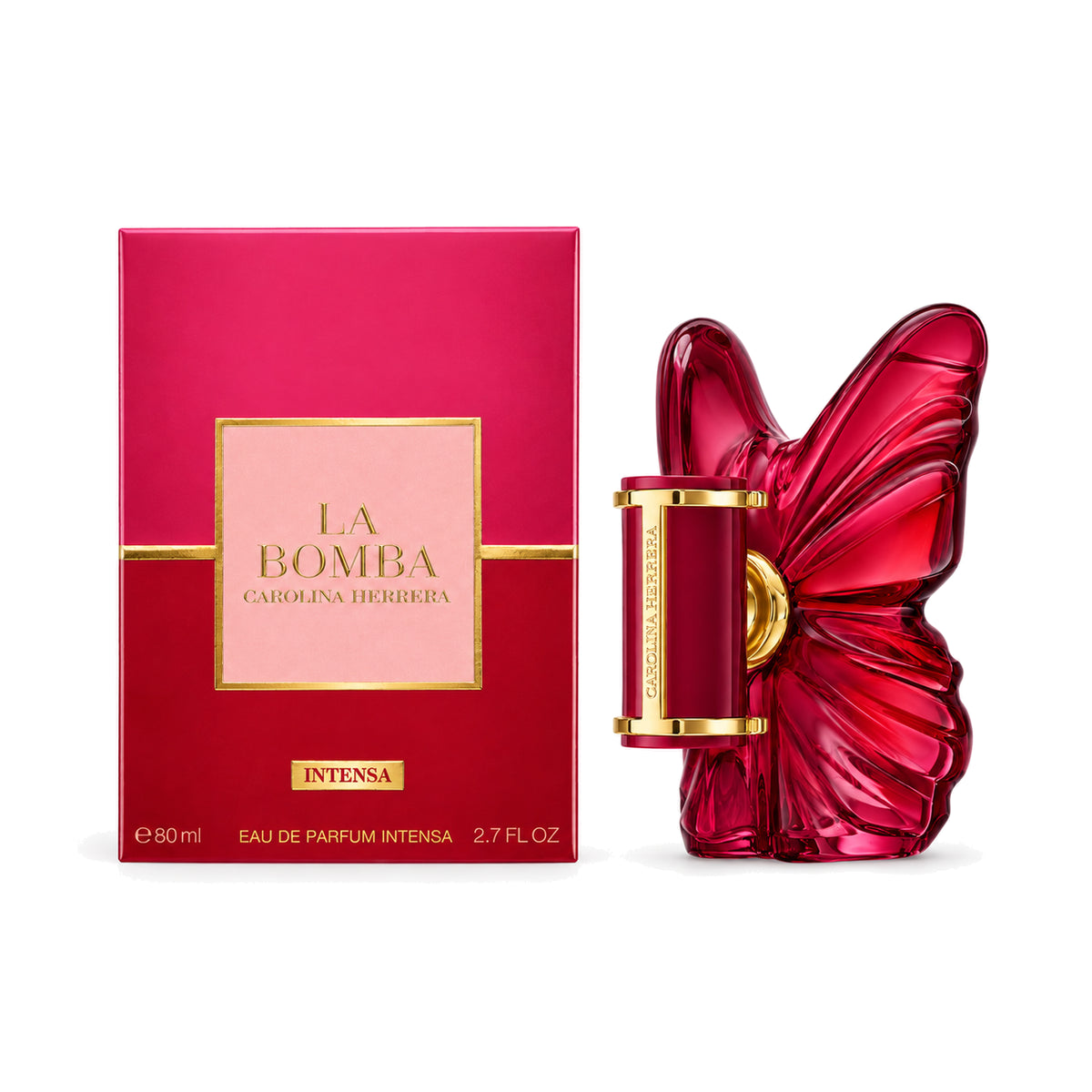 Carolina Herrera La Bomba Intensa Eau de Parfum 80 ml bottle with matching box on white background