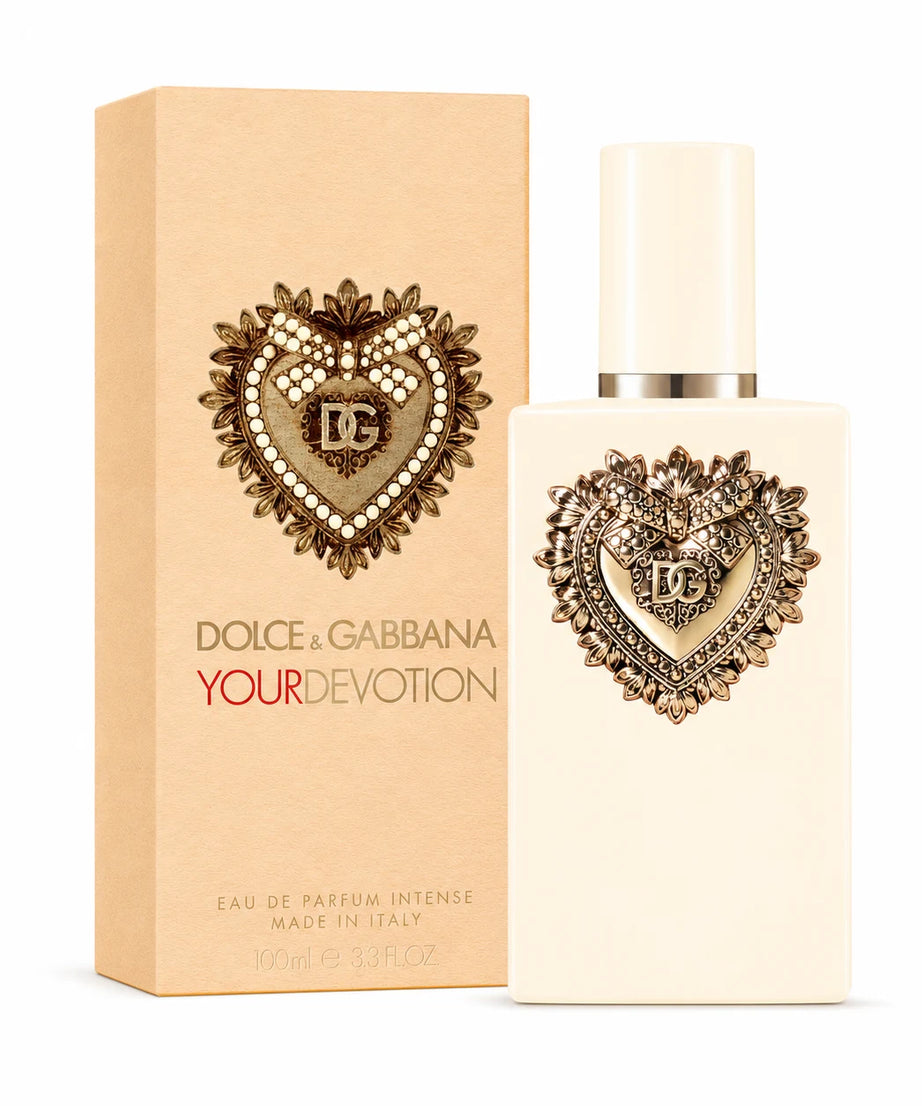Dolce & Gabbana Your Devotion Eau de Parfum Intense 100 ml bottle with matching 100 ml retail box on white background