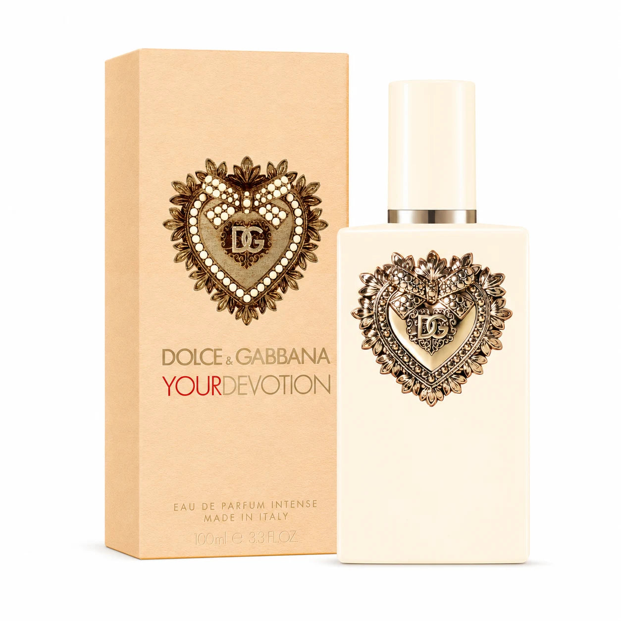 Dolce & Gabbana Your Devotion Eau de Parfum Intense 100 ml bottle with matching 100 ml retail box on white background