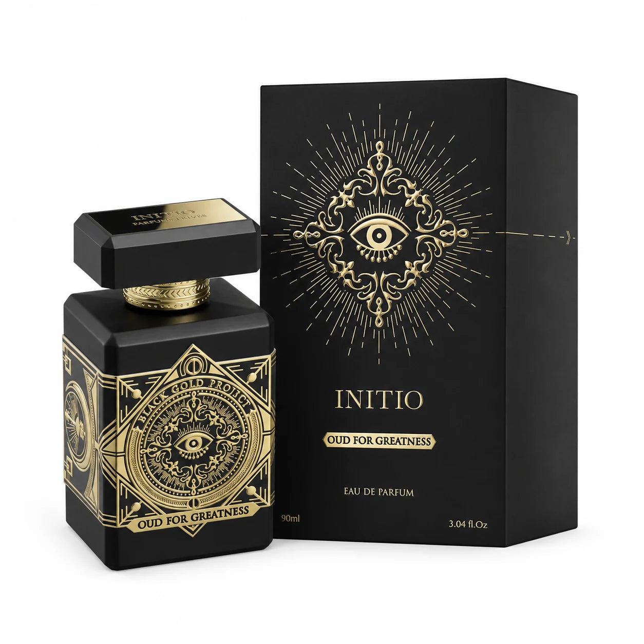 Initio Oud for Greatness Eau de Parfum 90 ml bottle with matching retail box on white background