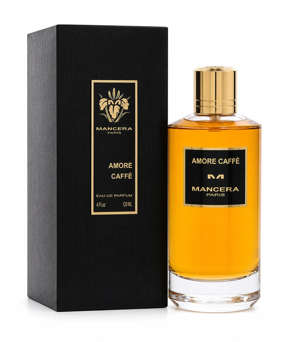 Mancera Amore Caffè Eau de Parfum 120 ml bottle with matching black retail box on white background