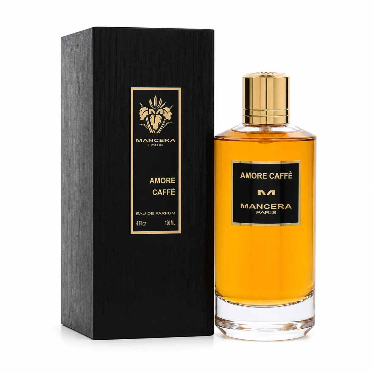 Mancera Amore Caffè Eau de Parfum 120 ml bottle with matching black retail box on white background