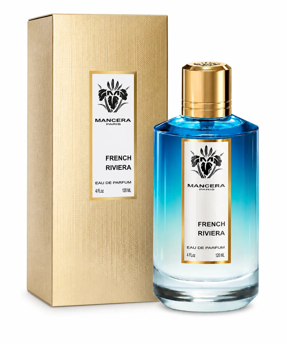 Mancera French Riviera Eau de Parfum 120 ml bottle with matching gold retail box