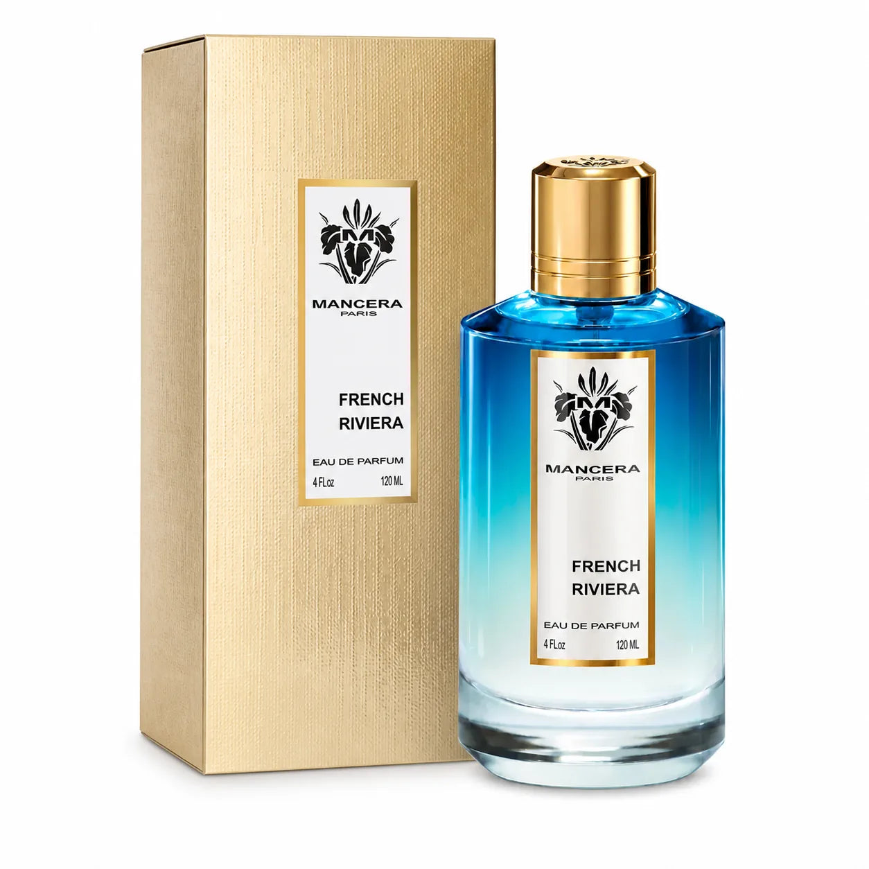 Mancera French Riviera Eau de Parfum 120 ml bottle with matching gold retail box