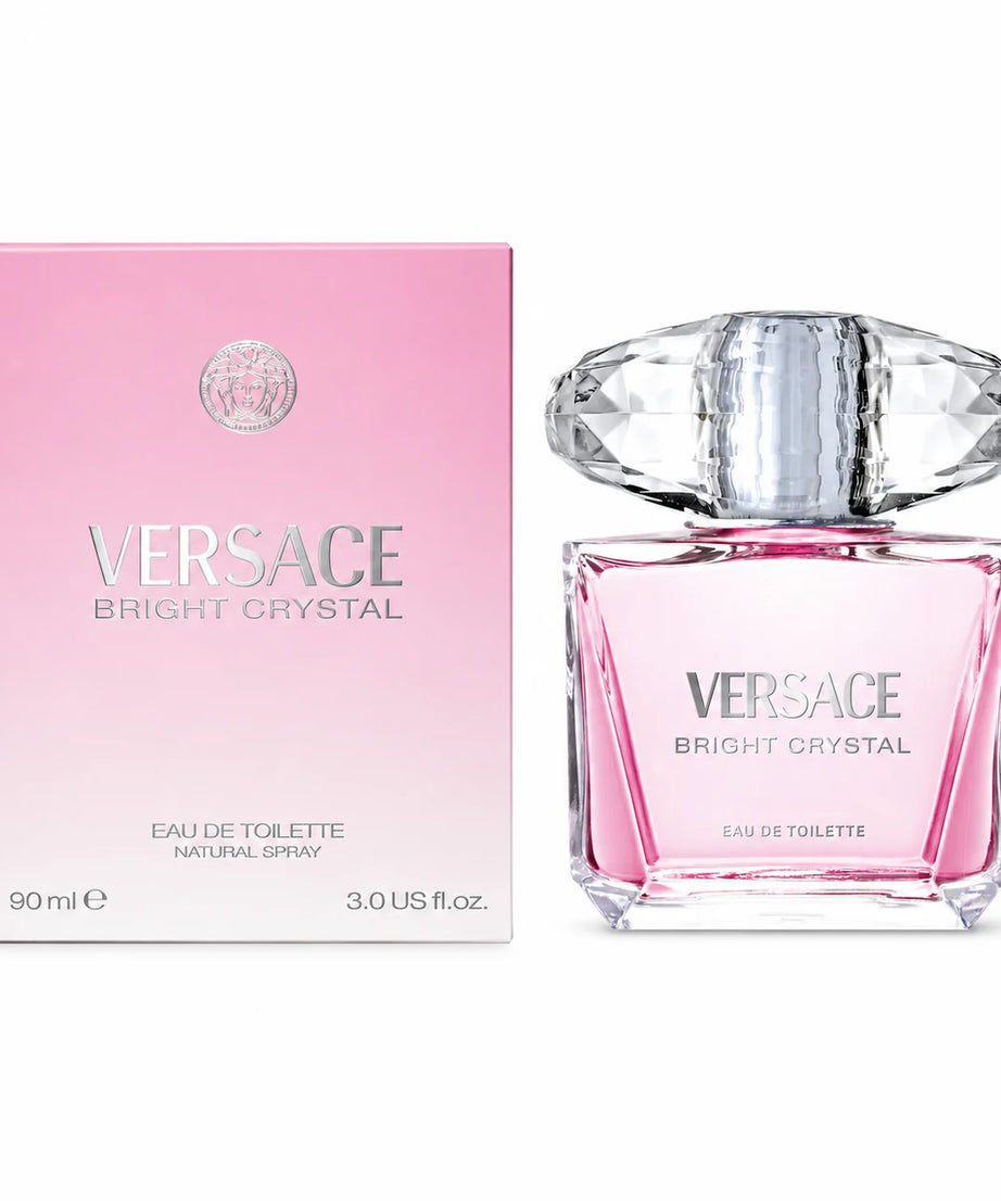 Versace Bright Crystal Eau de Toilette 90 ml bottle with matching retail box on white background