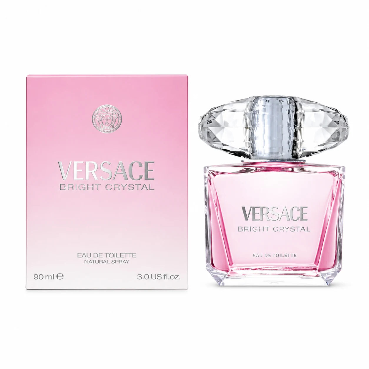 Versace Bright Crystal Eau de Toilette 90 ml bottle with matching retail box on white background