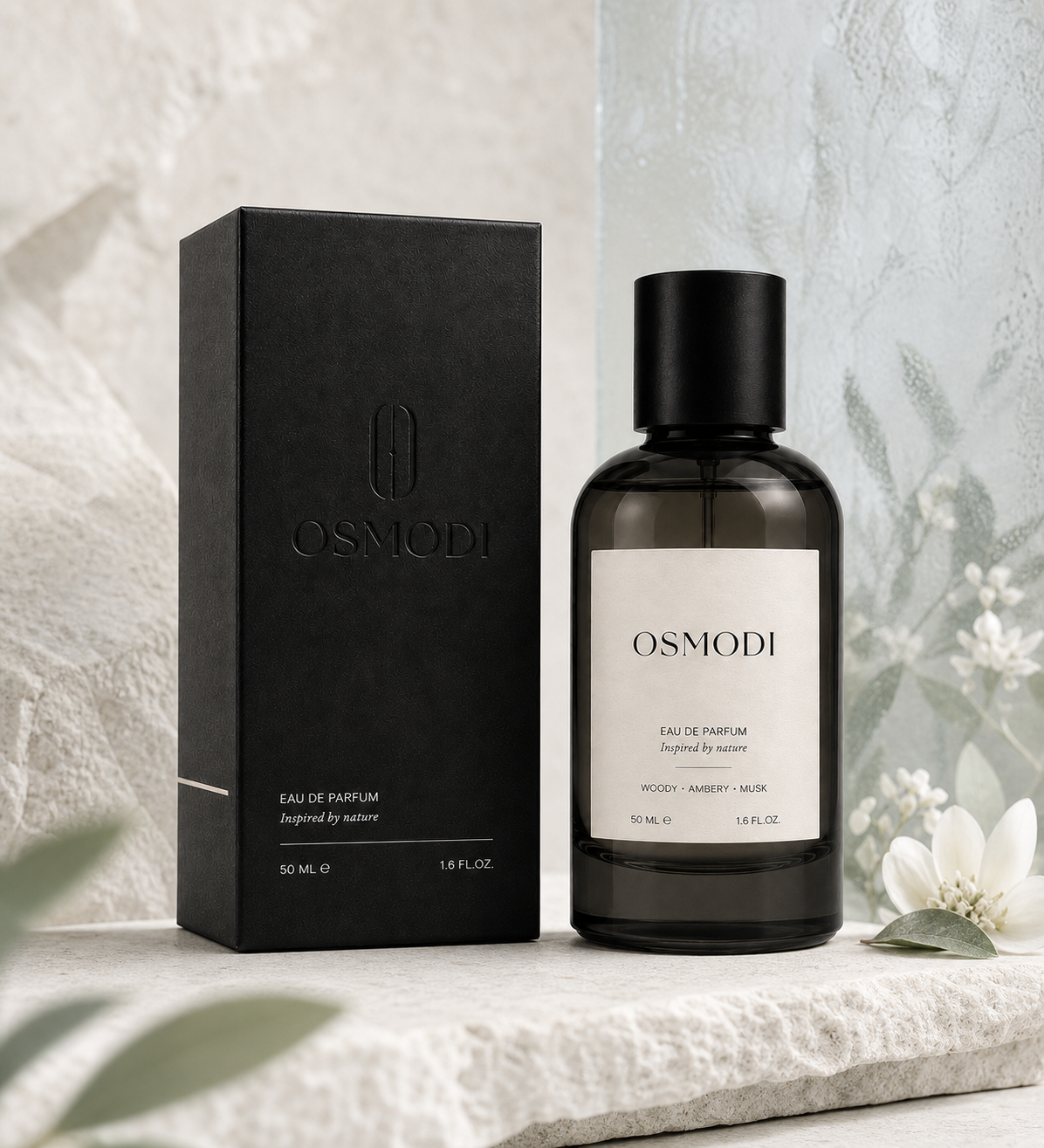 OSMODI perfume bottle in a fresh mineral floral setting