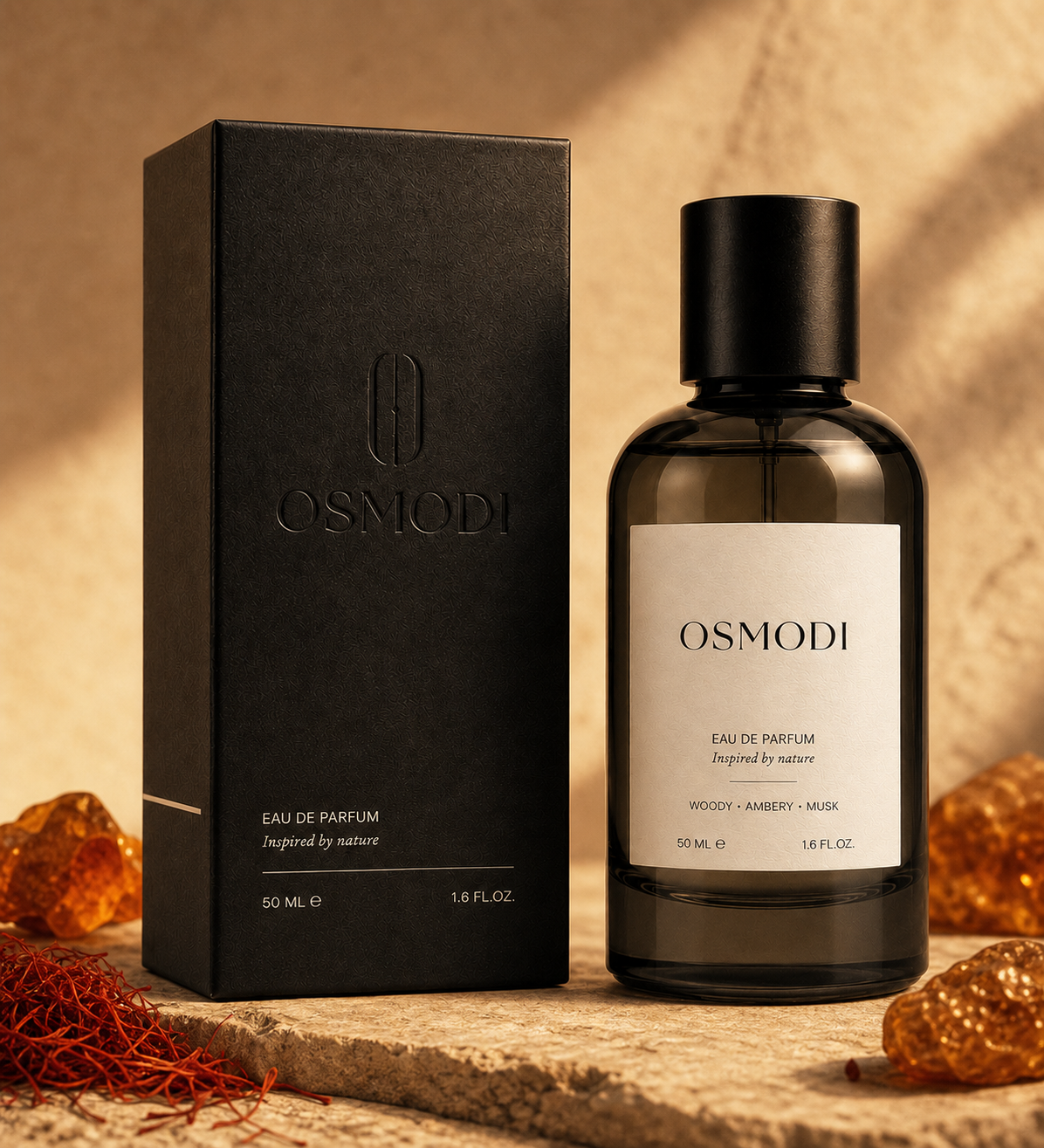 OSMODI fragrance bottle styled with warm amber and saffron